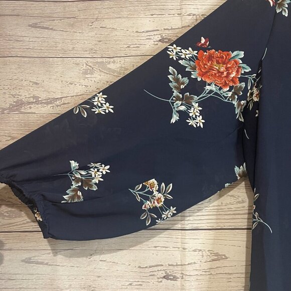 Fun2Fun Business Casual Blouse, Navy Blue Floral Print, Size 2XL - Picture 4 of 5